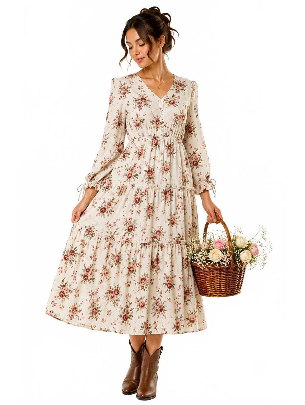 Studio West Cotton Floral Tiered Midi Dress Cottagecore Prairie M